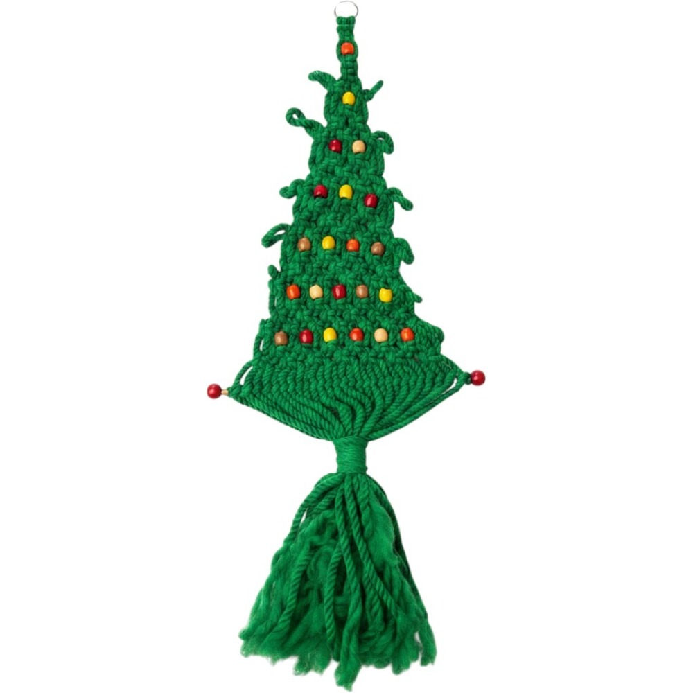 Vintage Handmade Macrame Christmas Tree Wall Hanging Green Art Wood Beads